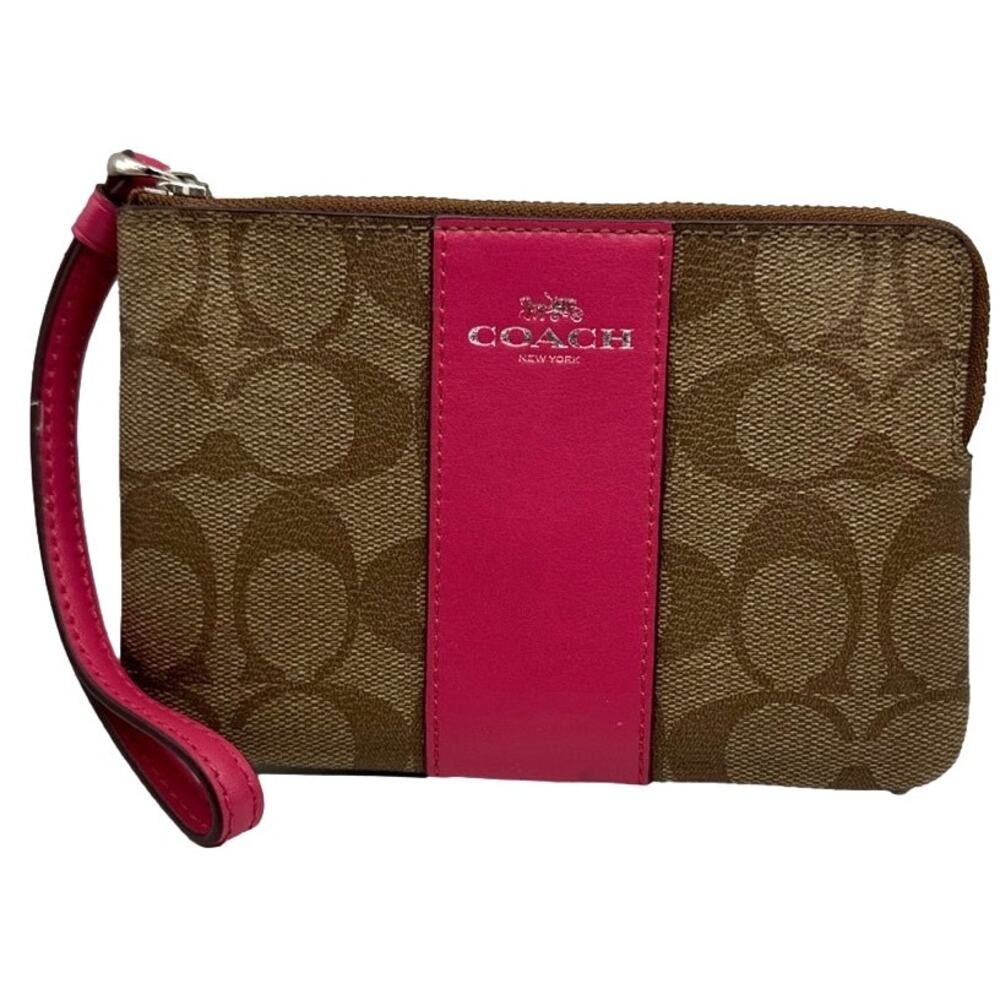 COACH Brown and Fuchsia Coated Canvas Wristlet